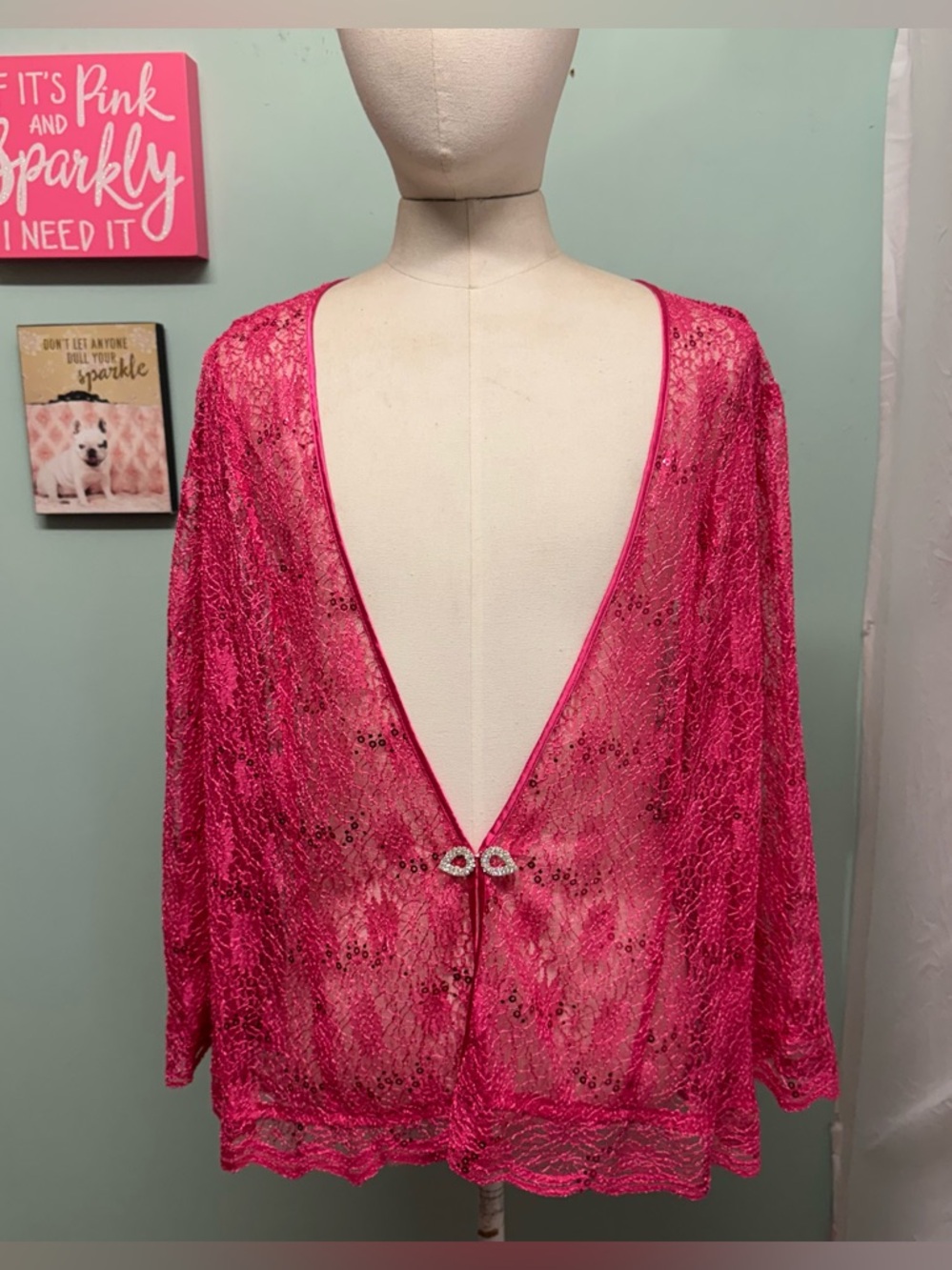 Ashro Hot Pink Sheer Lace formal topper with Rhinestone Clasp Sz 22W